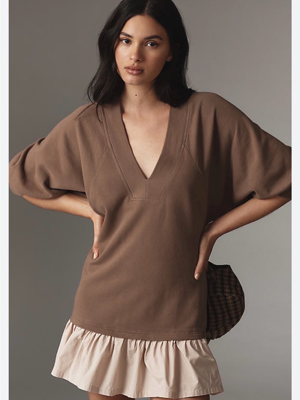 Anthropologie Brown/Grey V-Neck Mini Dress with Cream Ruffle Hem